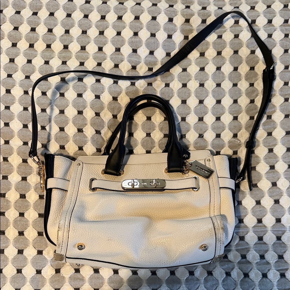 Coach Two-Tone Pebbled Leather Satchel in Cream and Black